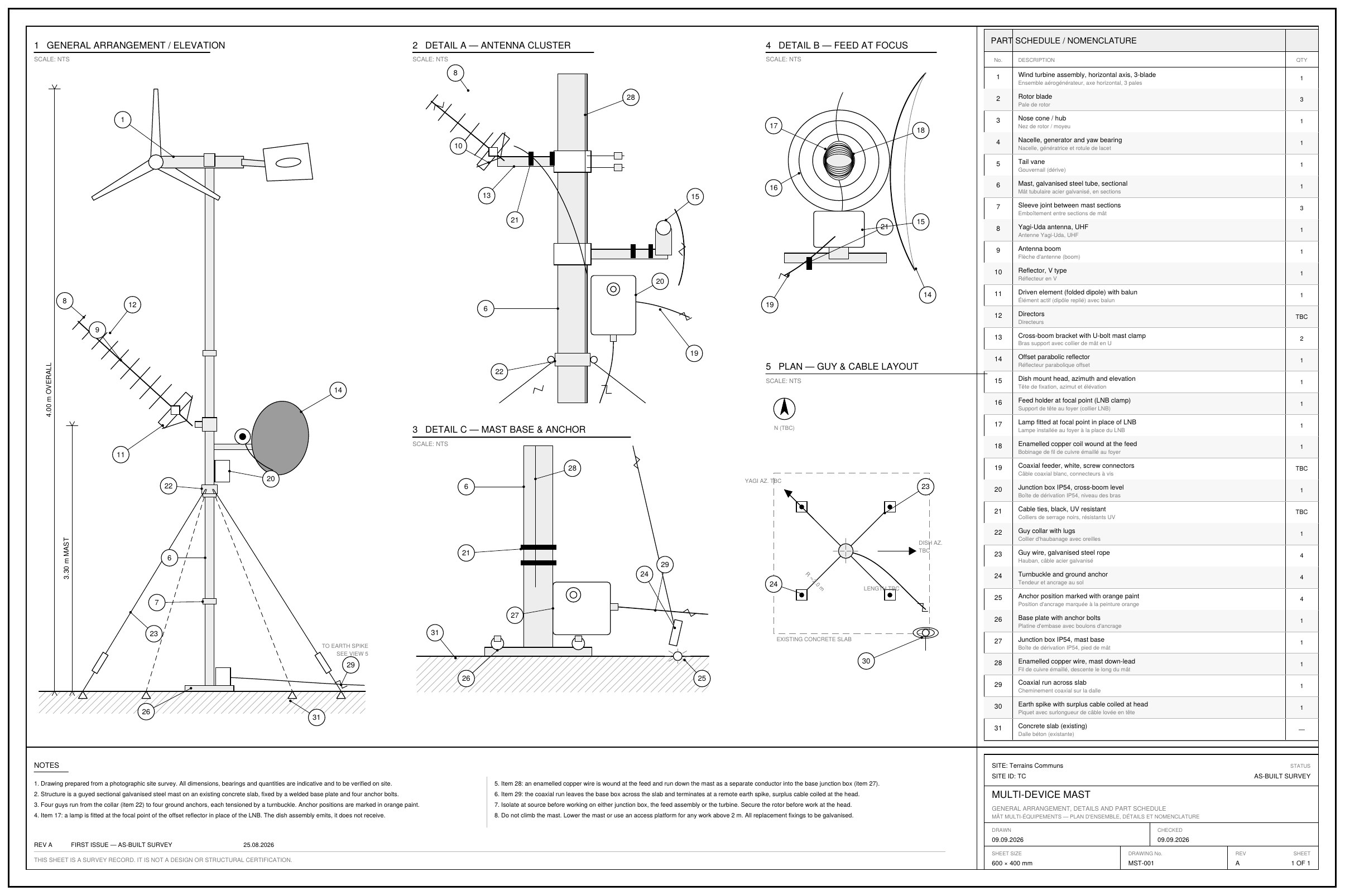 NEUTRAL HOST mast, technical drawing: general arrangement and elevation, detail views and part schedule